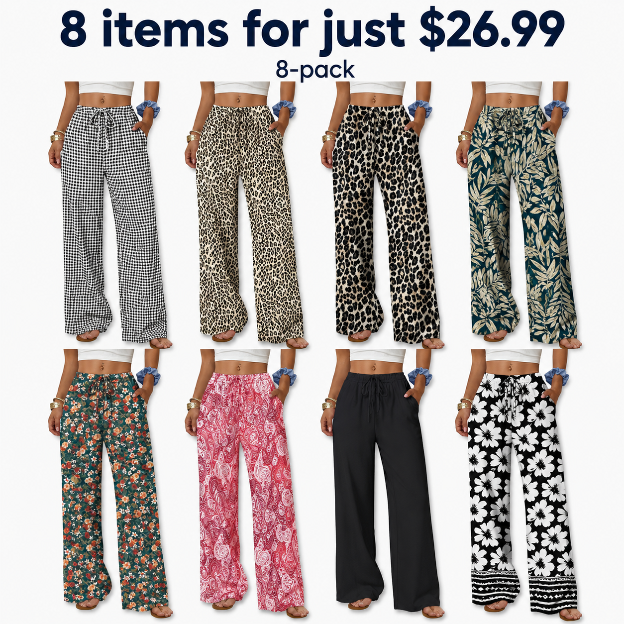 Wide Leg Pants for Women Flowy Palazzo Drawstring Elastic Waist Trousers with Pockets Summer Beach Vacation Clothes