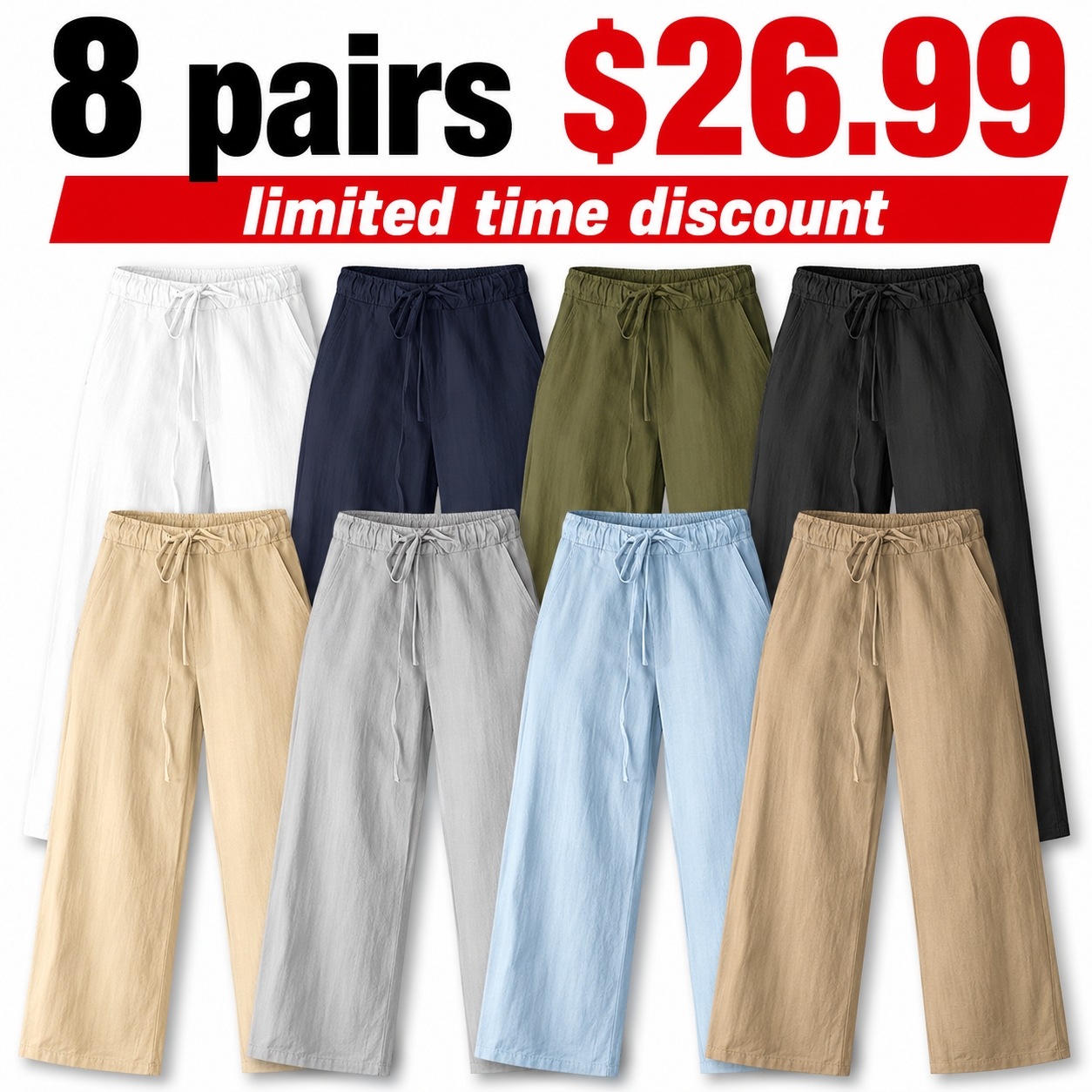 Mens Cotton Linen Pants, Summer Beach Pants Casual Loose Fit with Elastic Waist Drawstring