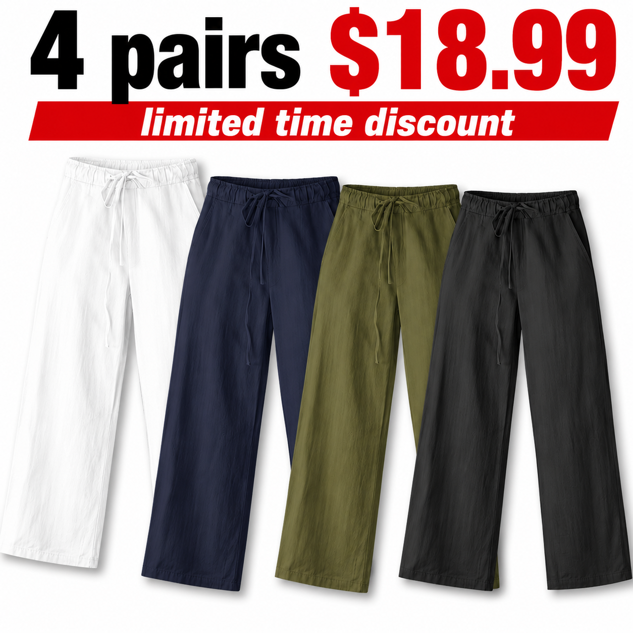 Mens Cotton Linen Pants, Summer Beach Pants Casual Loose Fit with Elastic Waist Drawstring