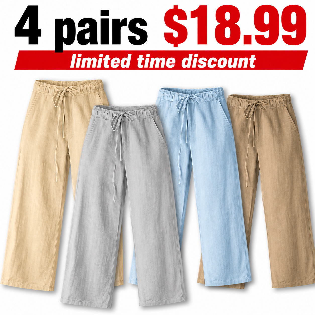 Mens Cotton Linen Pants, Summer Beach Pants Casual Loose Fit with Elastic Waist Drawstring