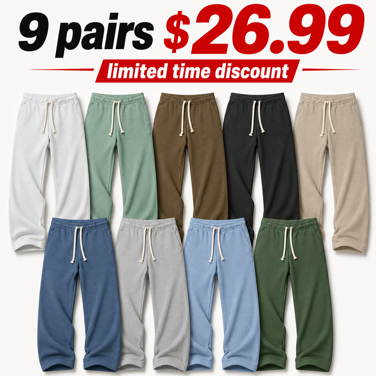Waffle Pants Men Drawstring Wide Leg Baggy Waffle Sweatpants Lightweight Breathable Hiking Mens Lounge Pants