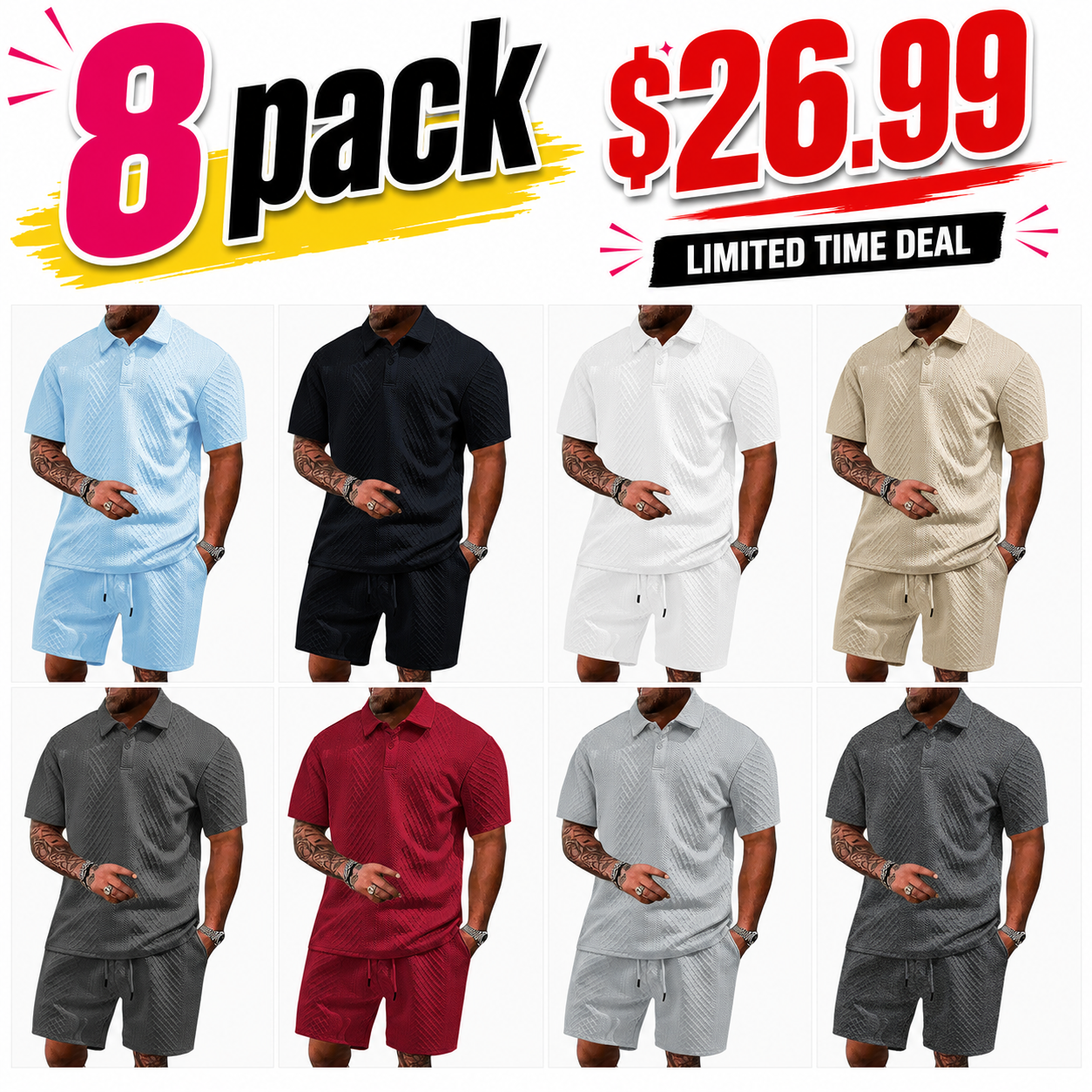 Men's Solid Polo Shirt & Drawstring Waist Shorts Set