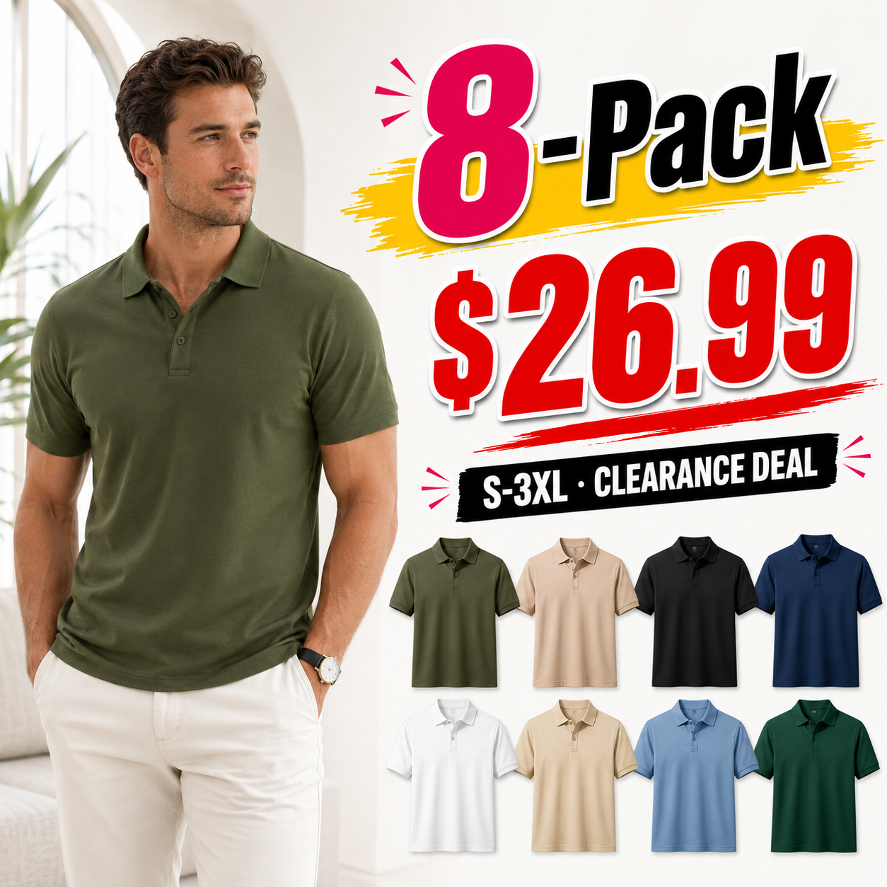 COOFANDY Men's Knit Polo Shirt - Casual Short Sleeve 8 Pack