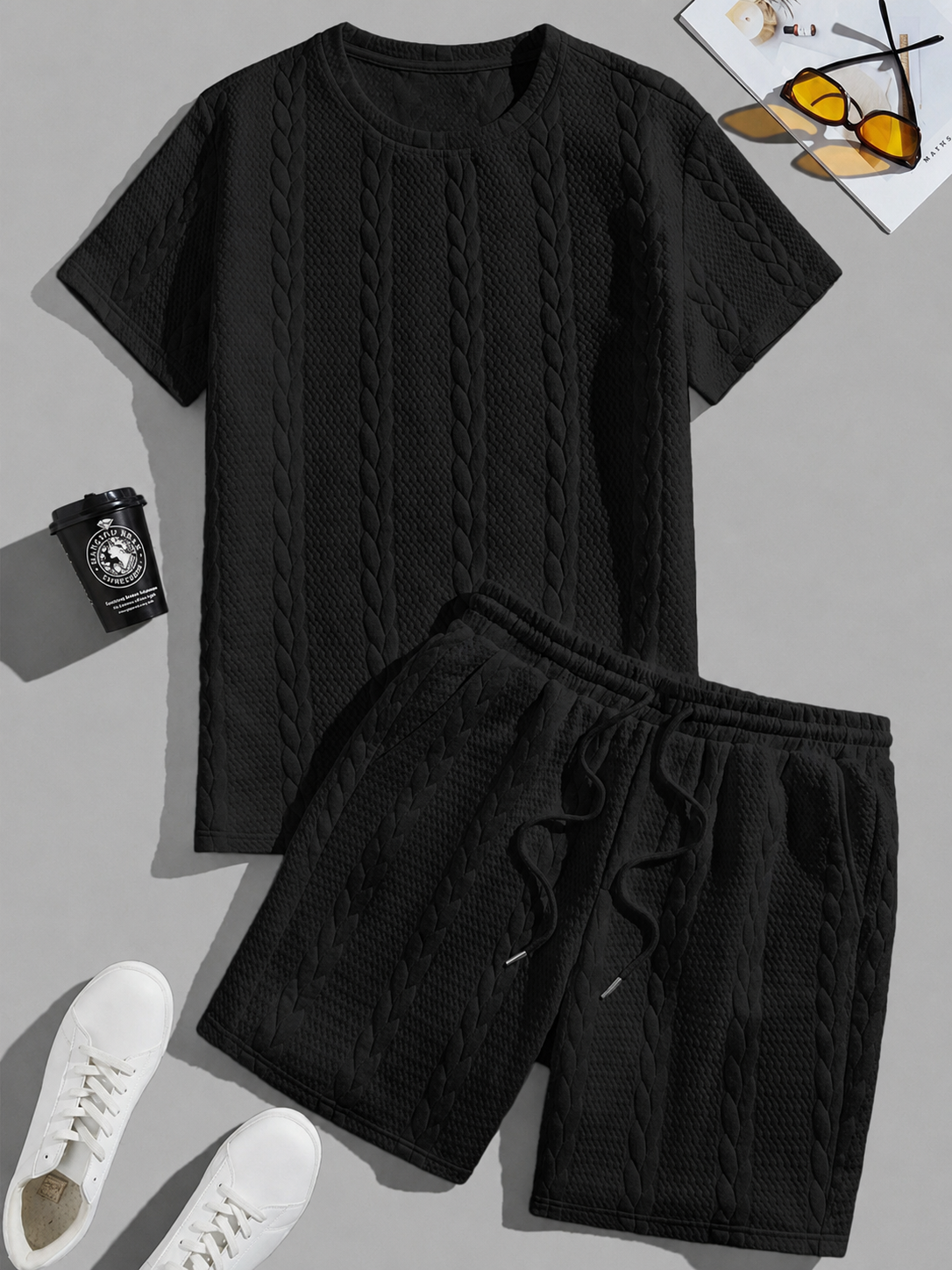 Limited Deal Men's Textured Tee & Drawstring Shorts Set, Lightweight 2-Piece Summer Outfit