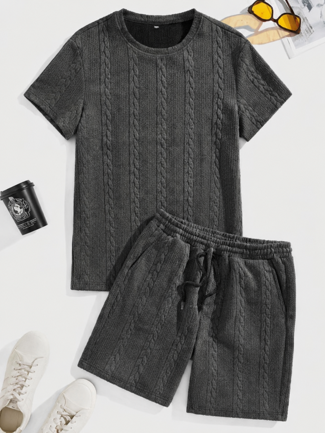 Limited Deal Men's Textured Tee & Drawstring Shorts Set, Lightweight 2-Piece Summer Outfit