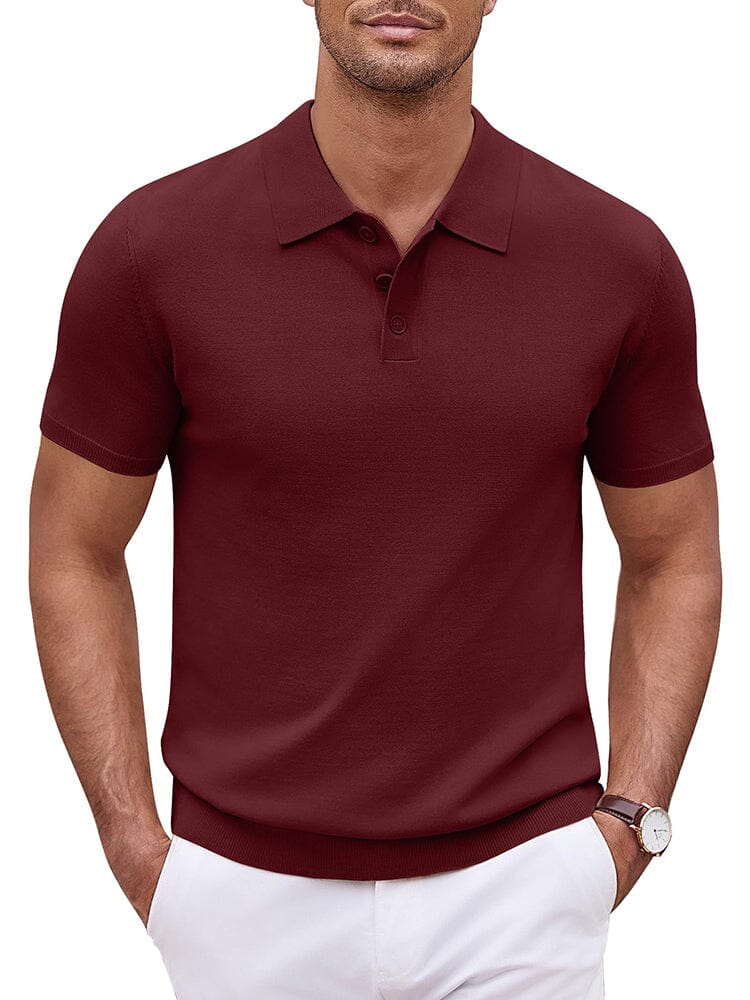 Men's wine red V-neck stretch knit polo shirt, size XL