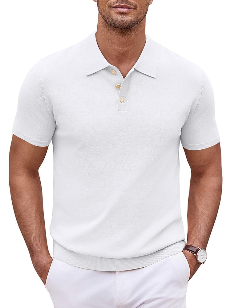 Men's white V-neck stretch knit polo shirt, size S