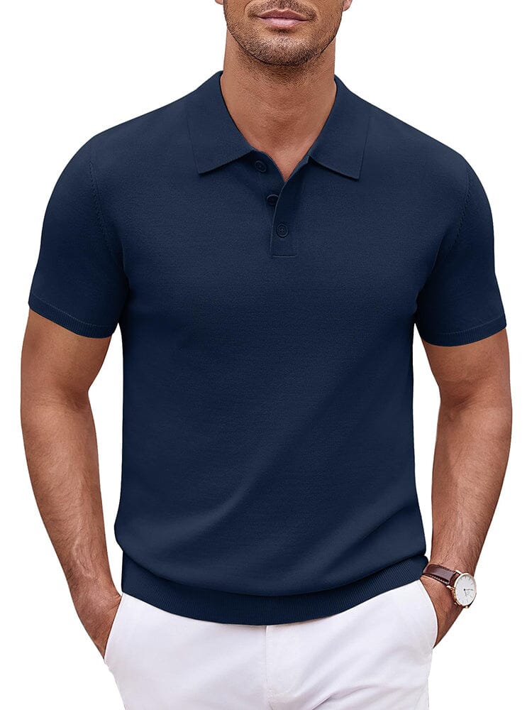 Men's navy blue V-neck stretch knit polo shirt, size M