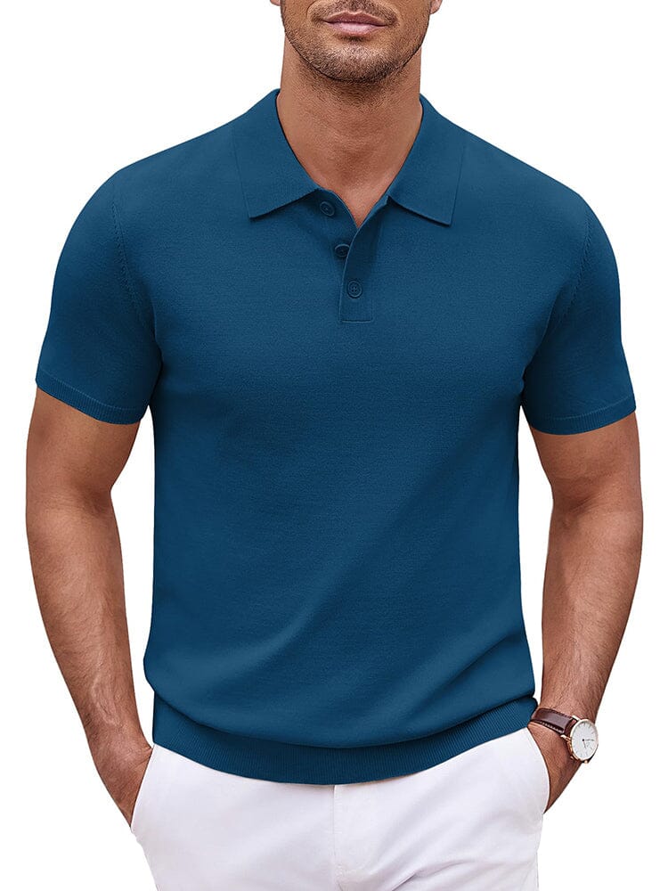 Men wearing a denim blue V-neck short sleeve stretch knit polo shirt