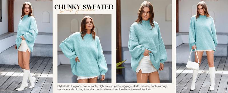 Ebifin【Oversized】Womens Sweaters Mock Neck Batwing Long Sleeve Fall Trendy Ribbed Knit Casual Tunic Sweater