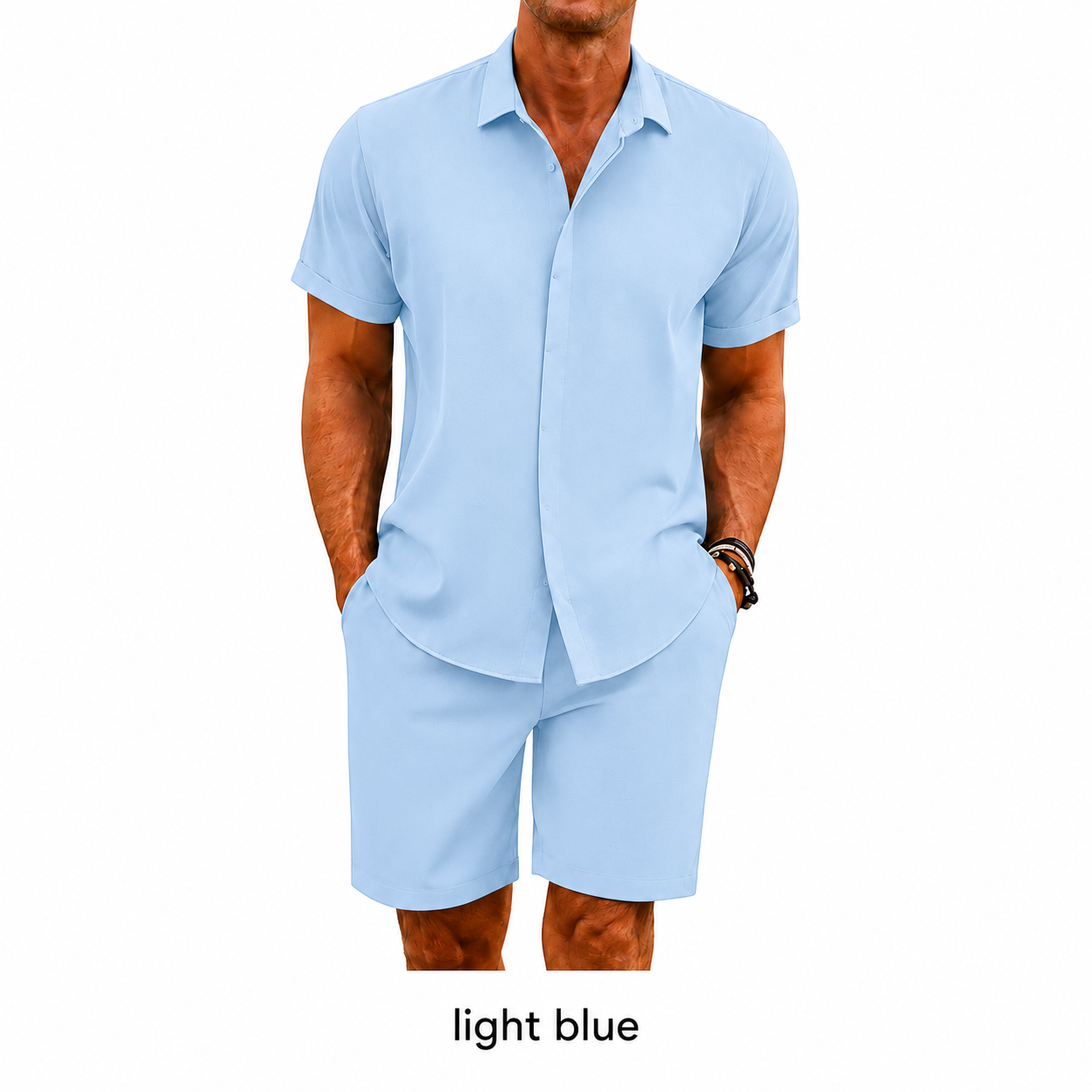 🔥Men's summer two-piece beach set (short-sleeved shirt and shorts), crafted from high-quality fabric with a linen-like texture—perfect for vacations and casual wear.🎉
