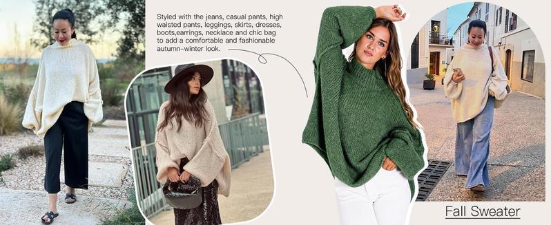Ebifin【Oversized】Womens Sweaters Mock Neck Batwing Long Sleeve Fall Trendy Ribbed Knit Casual Tunic Sweater