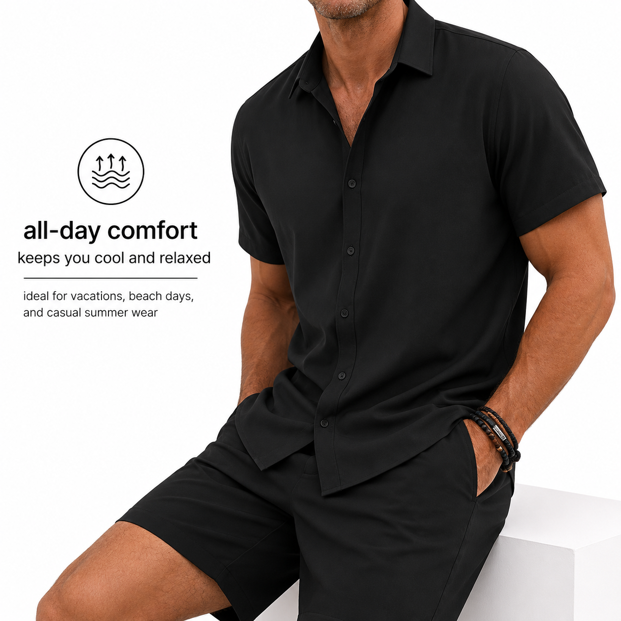 🔥Men's summer two-piece beach set (short-sleeved shirt and shorts), crafted from high-quality fabric with a linen-like texture—perfect for vacations and casual wear.🎉