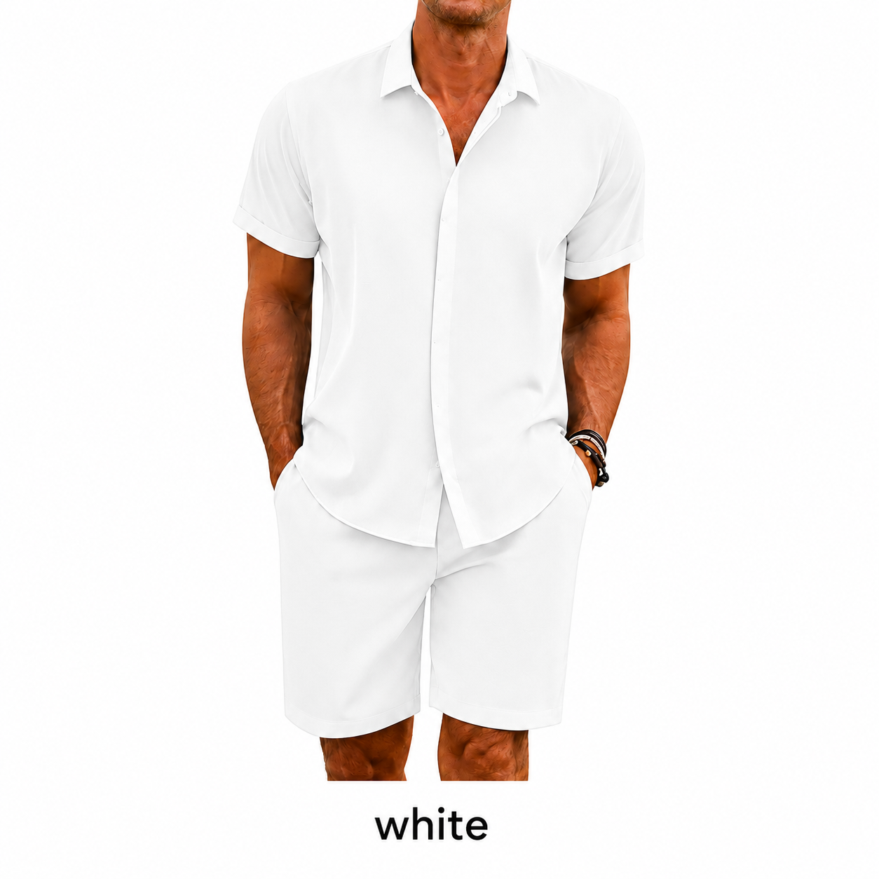 🔥Men's summer two-piece beach set (short-sleeved shirt and shorts), crafted from high-quality fabric with a linen-like texture—perfect for vacations and casual wear.🎉
