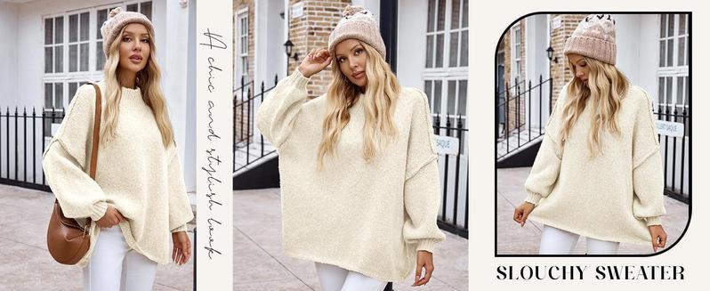 Ebifin【Oversized】Womens Sweaters Mock Neck Batwing Long Sleeve Fall Trendy Ribbed Knit Casual Tunic Sweater