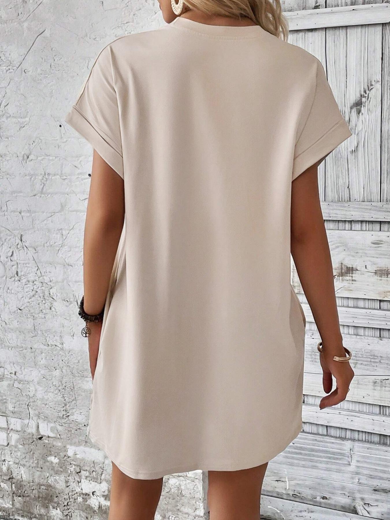 Women's Plain Pocket Batwing Sleeve Tee Dress, Casual Round Neck Roll Up Sleeve Dress for Summer, Fashion Women's Dress Loose