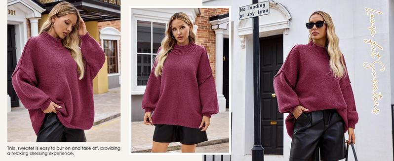 Ebifin【Oversized】Womens Sweaters Mock Neck Batwing Long Sleeve Fall Trendy Ribbed Knit Casual Tunic Sweater