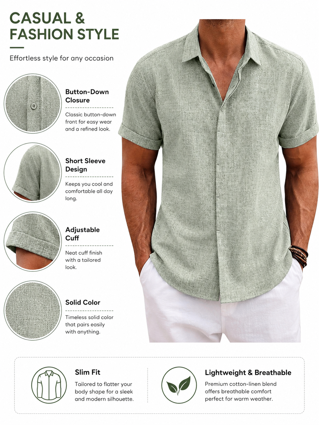 Rolled cuff finish and lightweight summer texture detail