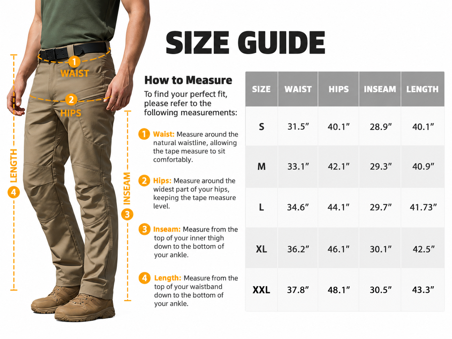 Complete tactical cargo pants size guide from S to XXL