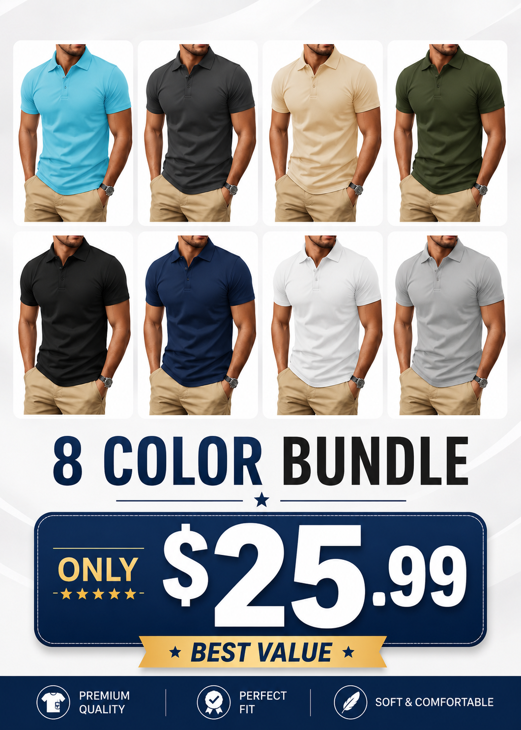 Men's Polo Shirt, Short Sleeve, Soft Cotton Piqué T-Shirt, Three-Button Classic Fit, Casual High-Performance Golf Shirt