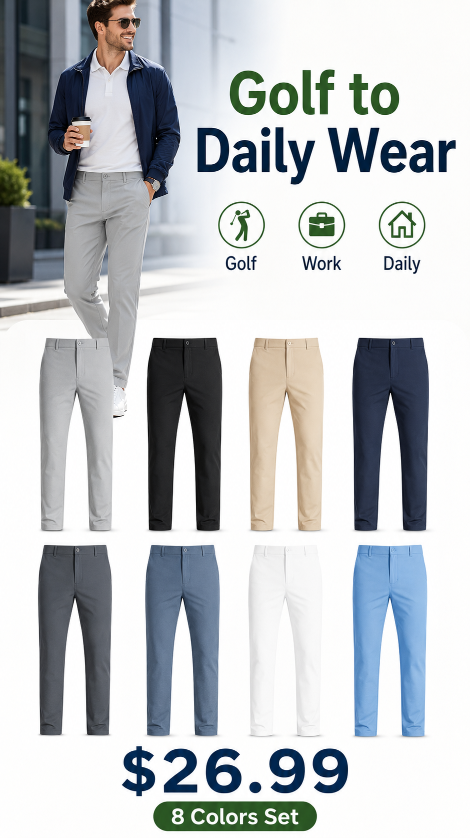Men's Golf Pants, Stretch Work Dress Pants, 30"/32"/34" Quick-drying, Lightweight, Comfortable Casual Pants with Pockets