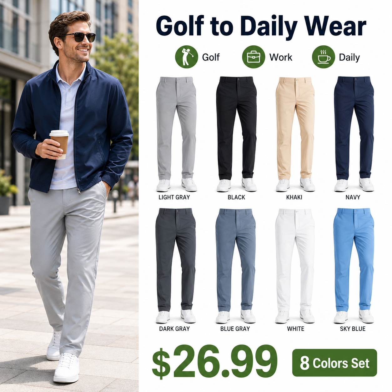 Men's Golf Pants, Stretch Work Dress Pants, 30"/32"/34" Quick-drying, Lightweight, Comfortable Casual Pants with Pockets