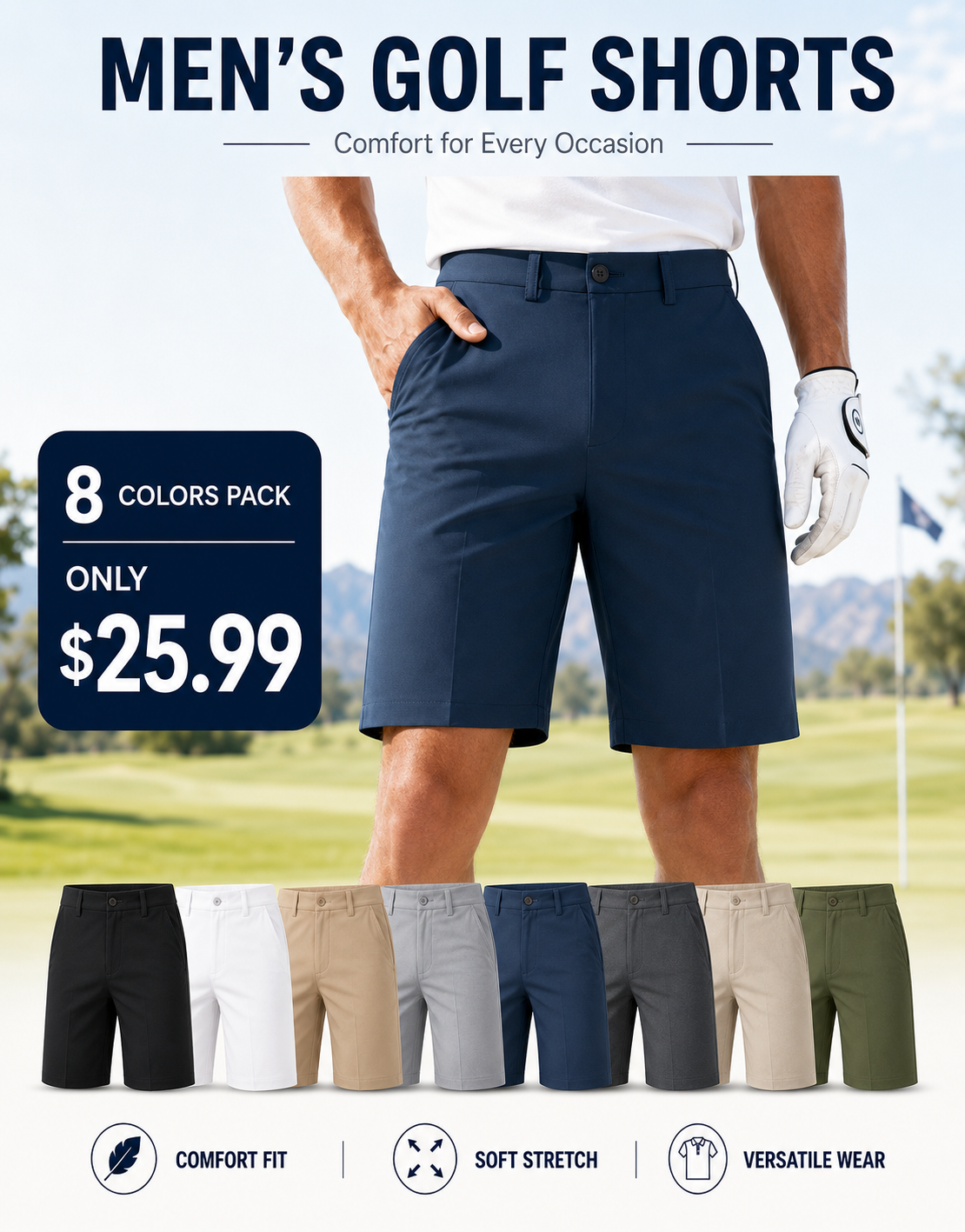 Men's Golf Dress Shorts, 8/11-inch Inner Seam, Zippered Pocket, Flat Front | Stretch, Lightweight, Quick-Drying Blend Casual Work, Hiking, Fishing, Comfortable Twill Cotton Shorts, Summer Men's Style, with Drawstring