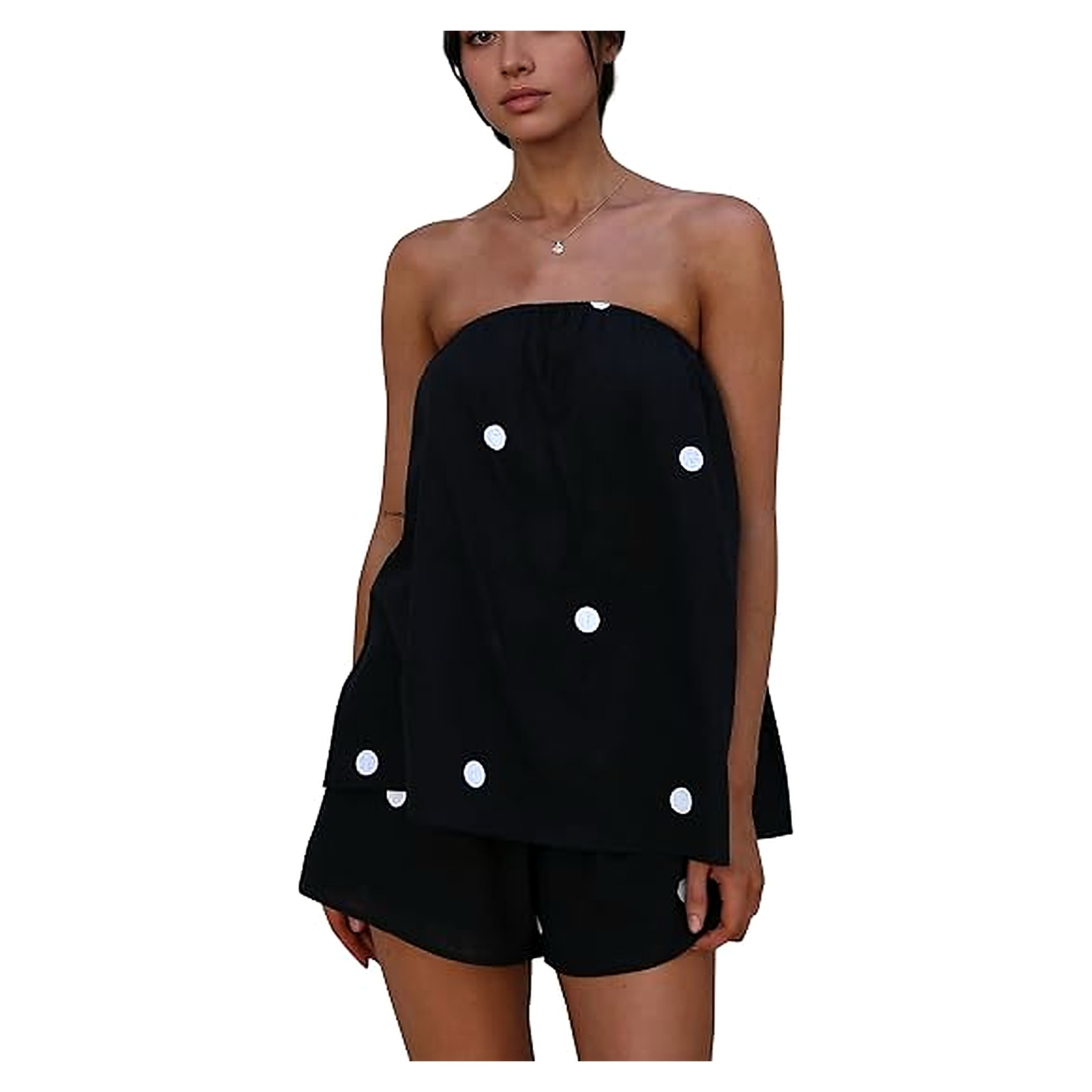 Women's Strapless Polka Dot Two-Piece Shorts Set - Black White Dot