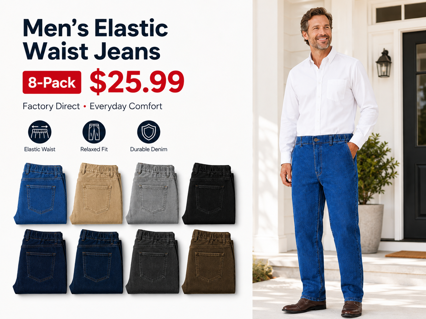 Men's elastic waist jeans 8-pack for 25.99 dollars.