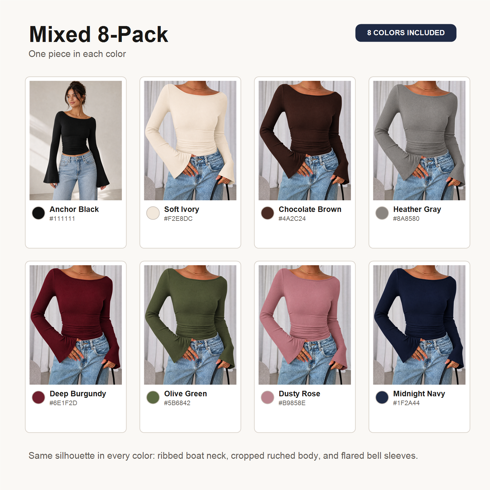 Mixed 8-Pack ribbed boat neck bell sleeve crop tops