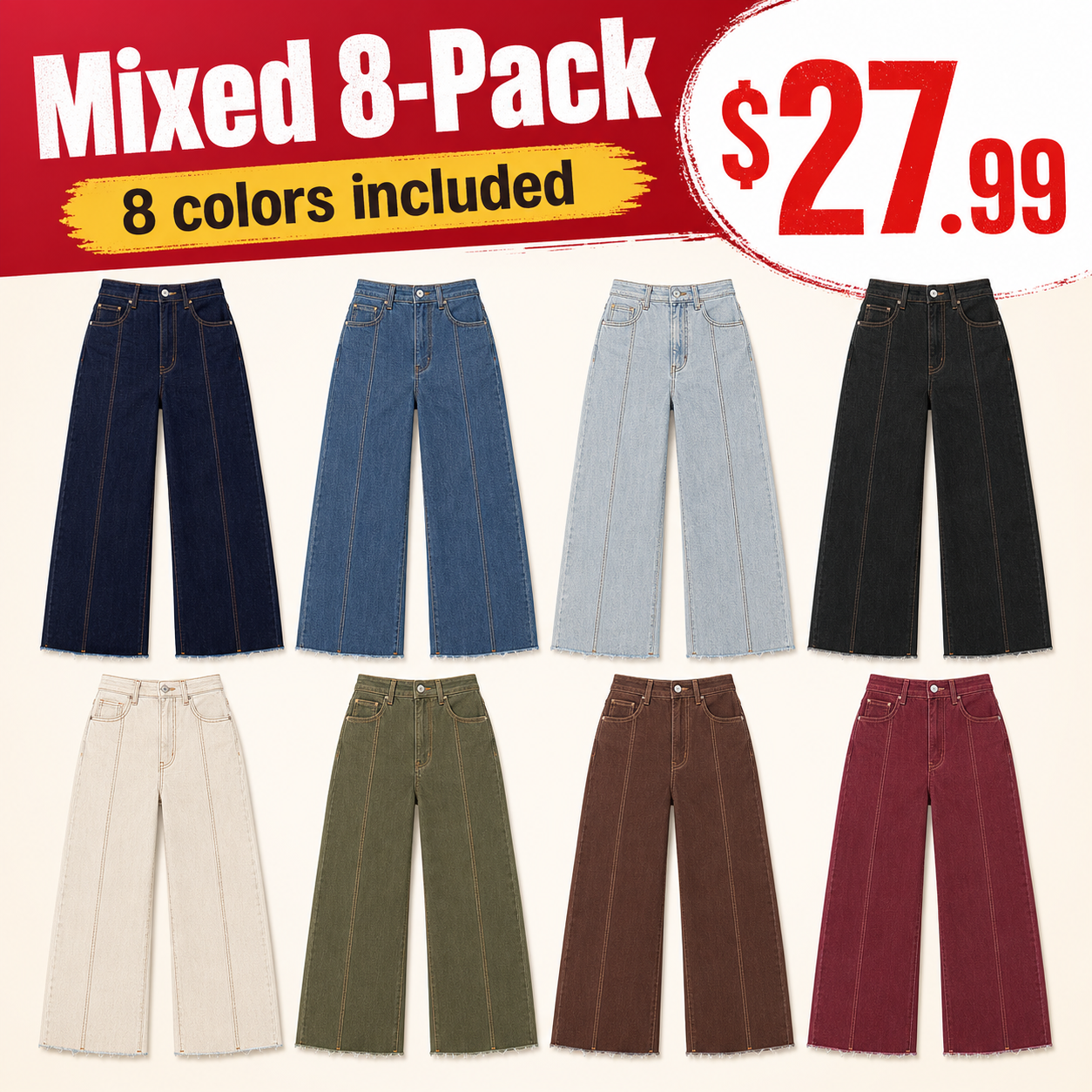 Mixed 8-Pack women's high rise wide leg cropped denim jeans