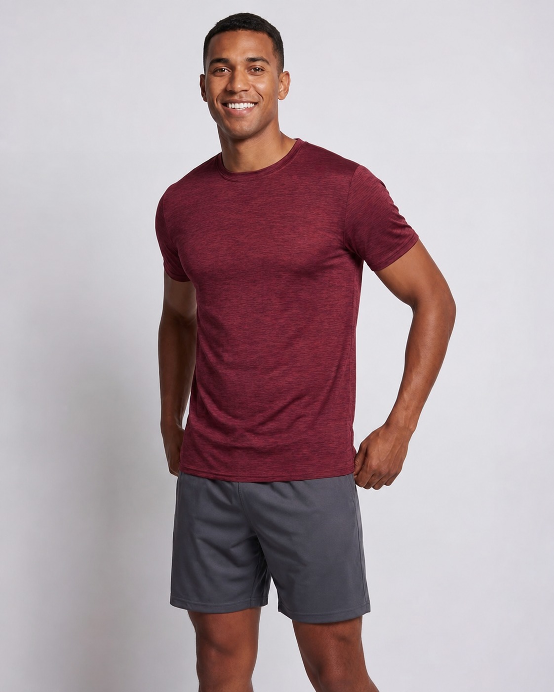 Heather burgundy soft stretch crew neck T-shirt front view