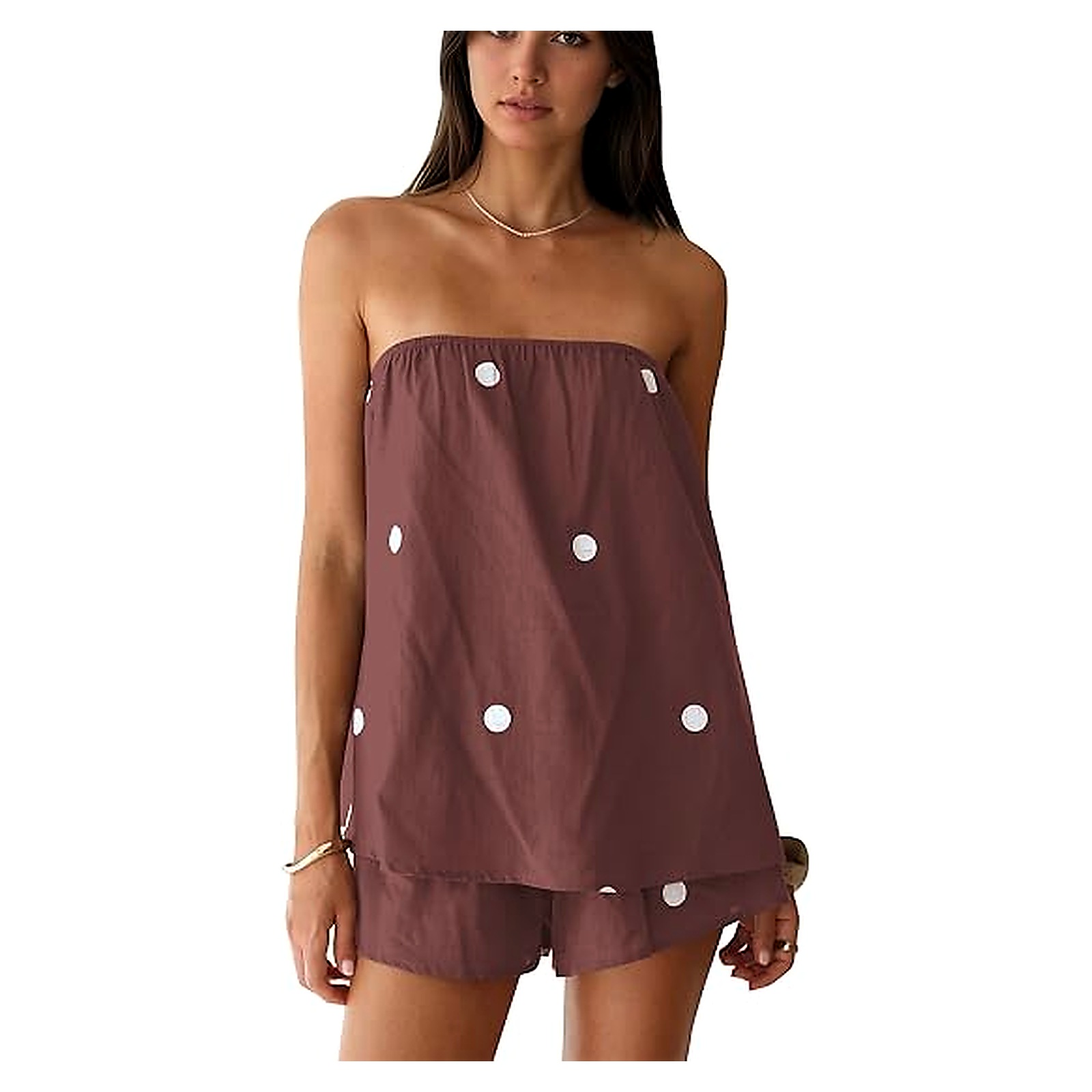 Women's Strapless Polka Dot Two-Piece Shorts Set - Cocoa White Dot