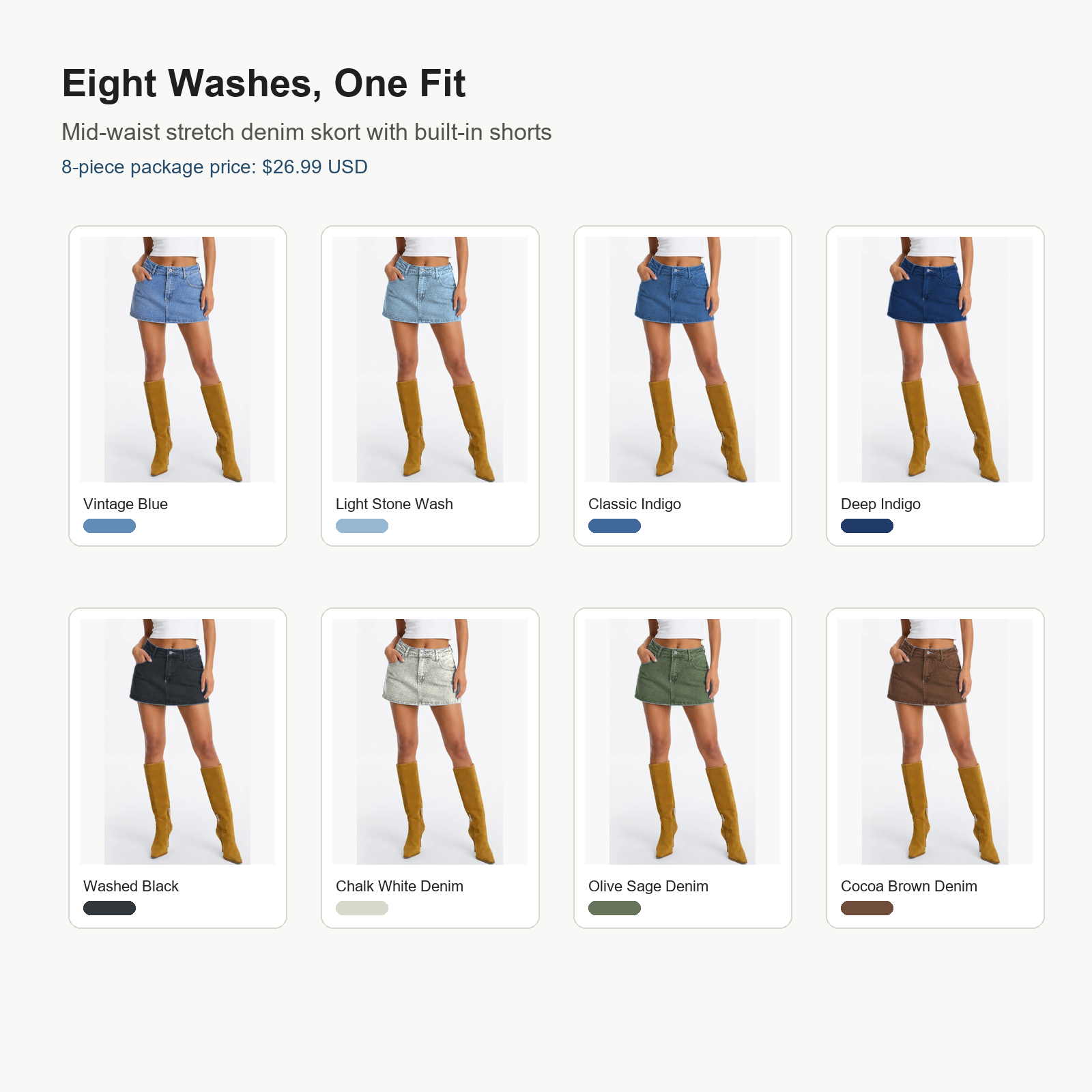 Eight color denim skort lineup