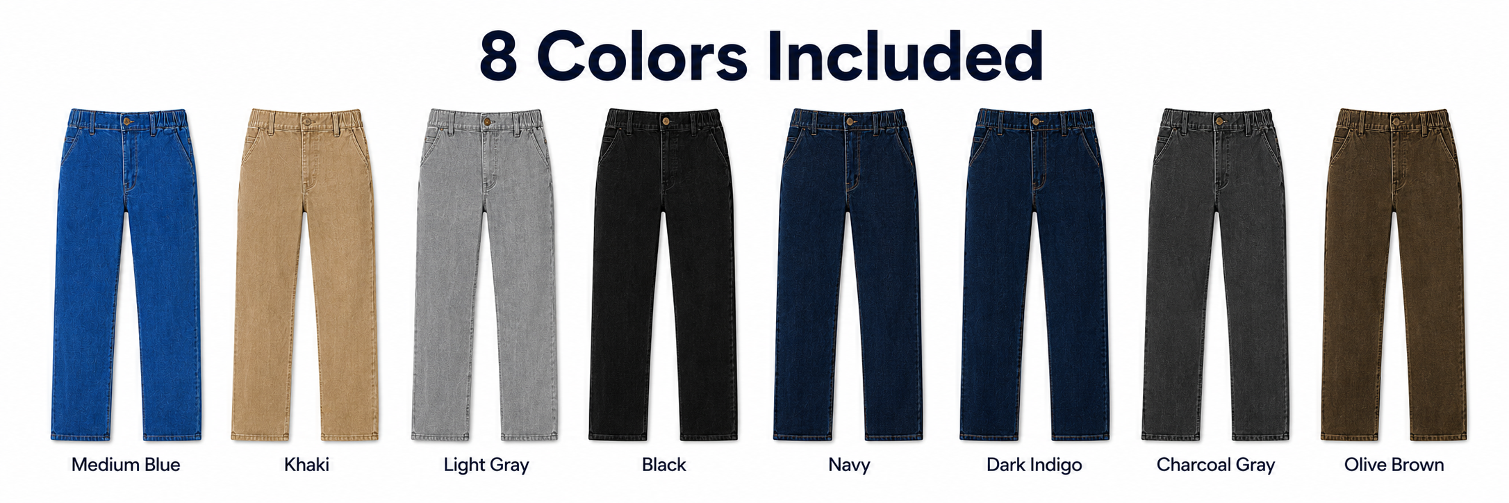 Eight color lineup for men's elastic waist jeans.