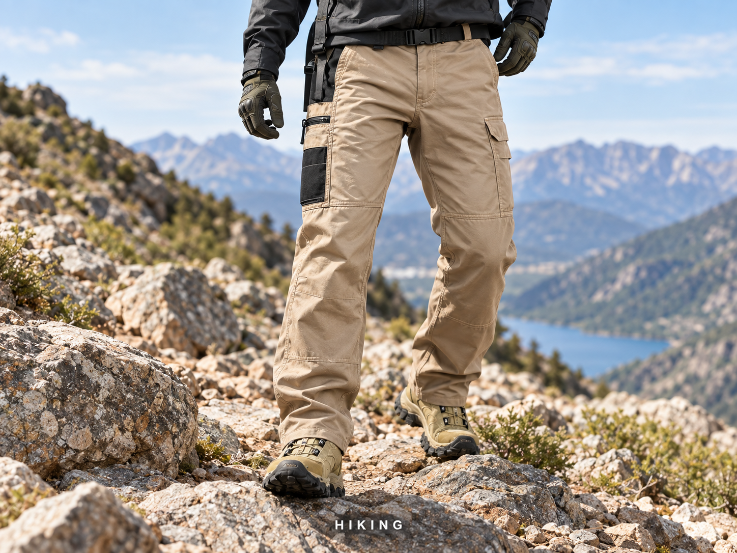 Khaki work pants on a hiking trail