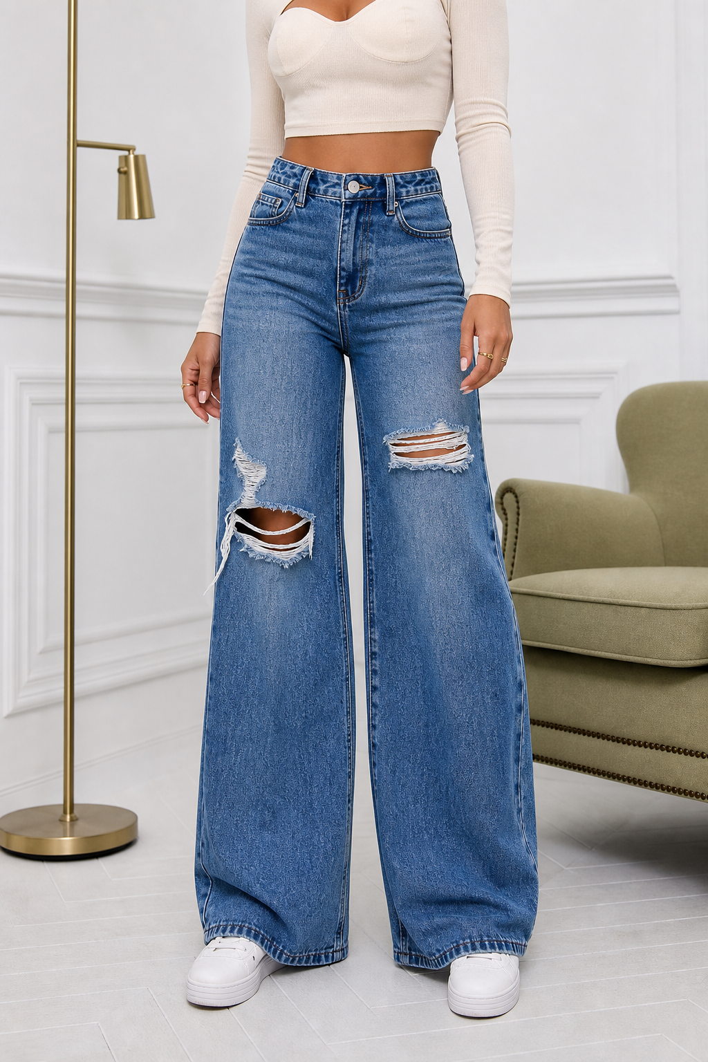 Medium blue high rise ripped wide leg jeans front view