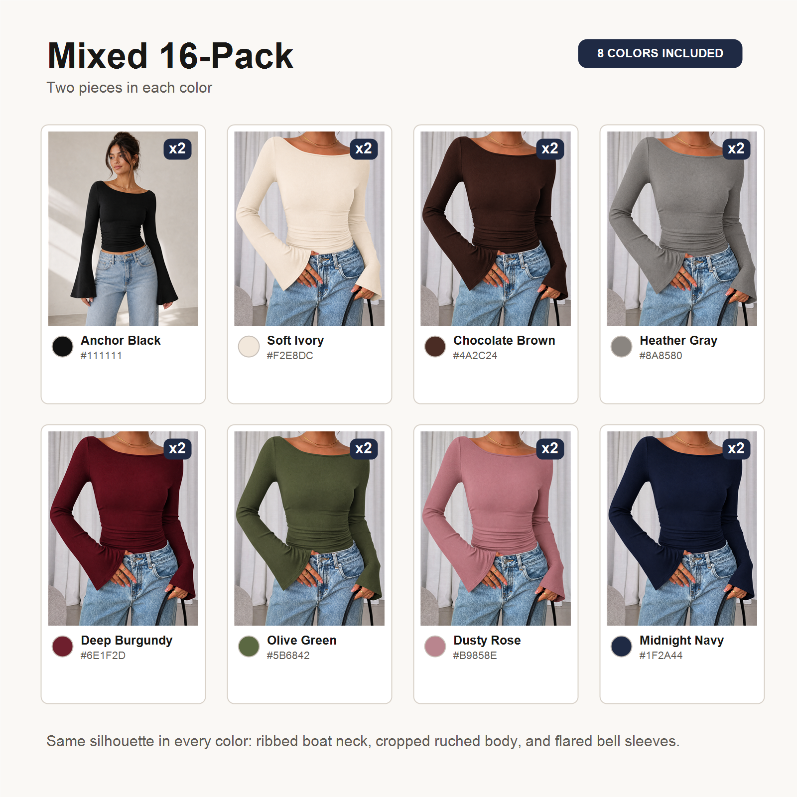 Mixed 16-Pack ribbed boat neck bell sleeve crop tops