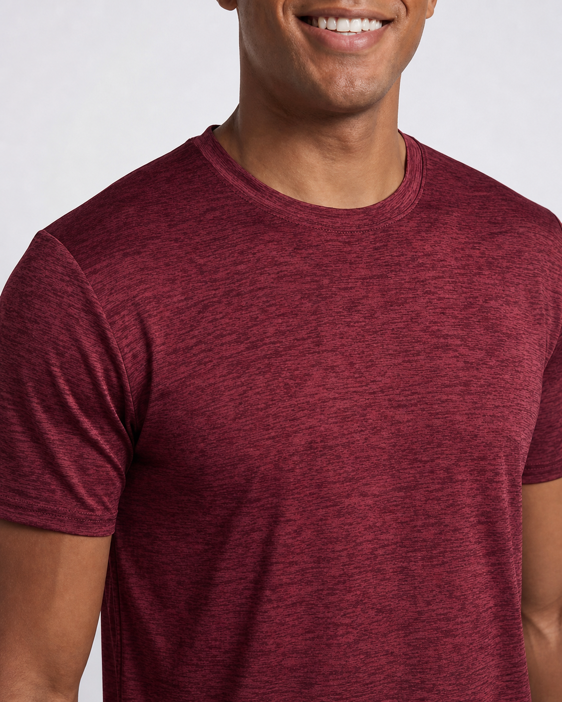 Heather burgundy crew neck collar and fabric close-up