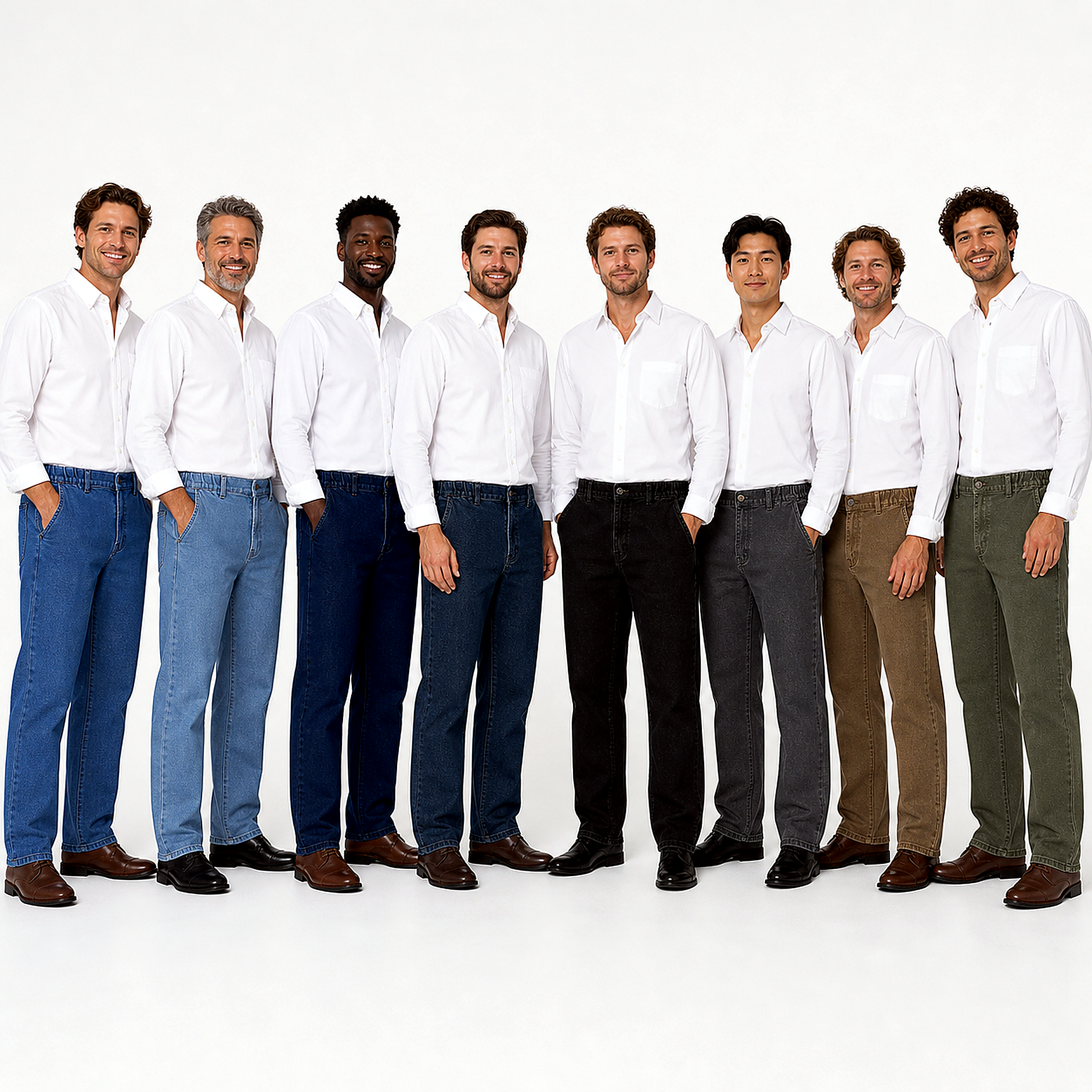 Eight colors of elastic waist relaxed fit denim jeans on adult models