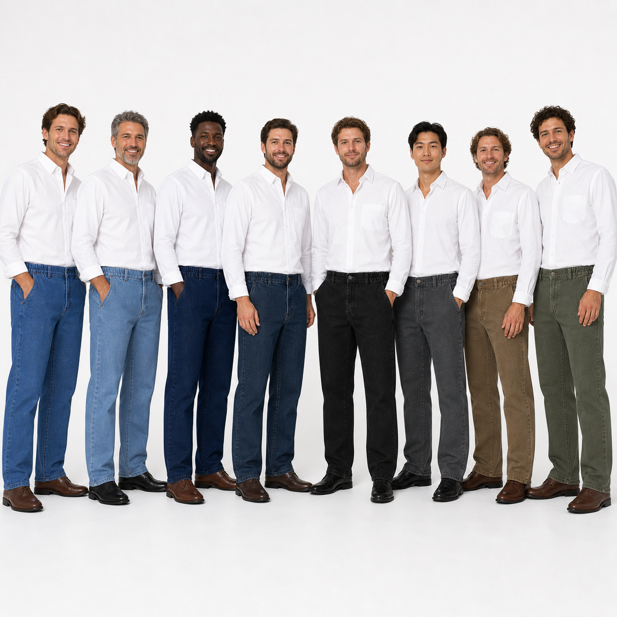 Eight men wearing elastic waist relaxed fit denim jeans in all colors