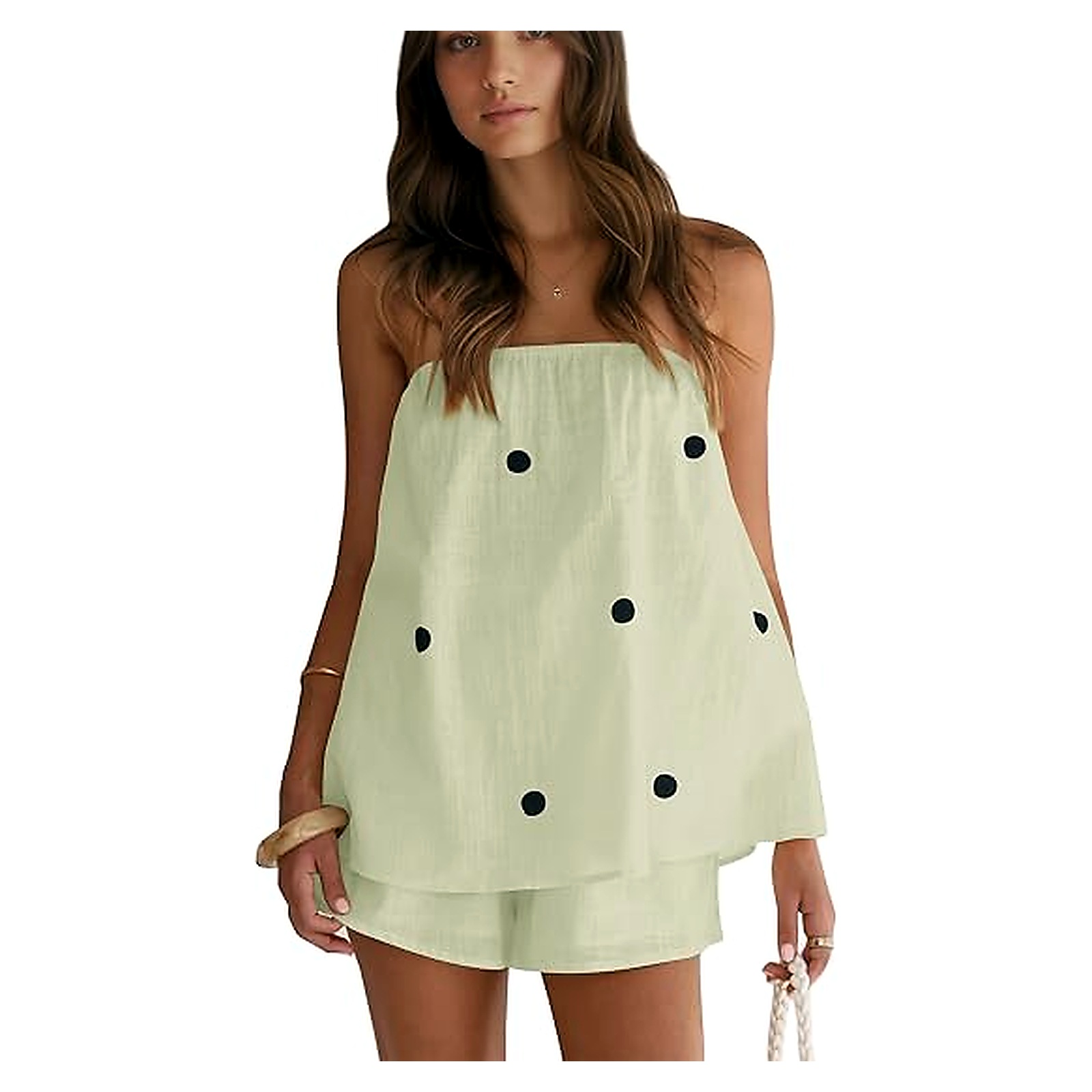 Women's Strapless Polka Dot Two-Piece Shorts Set - Pistachio Black Dot
