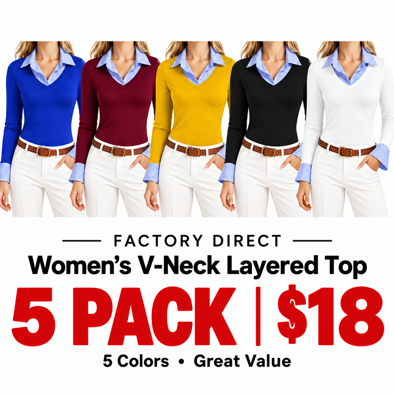 Women's Layered-Collar Long Sleeve Polo 5-Pack & 10-Pack