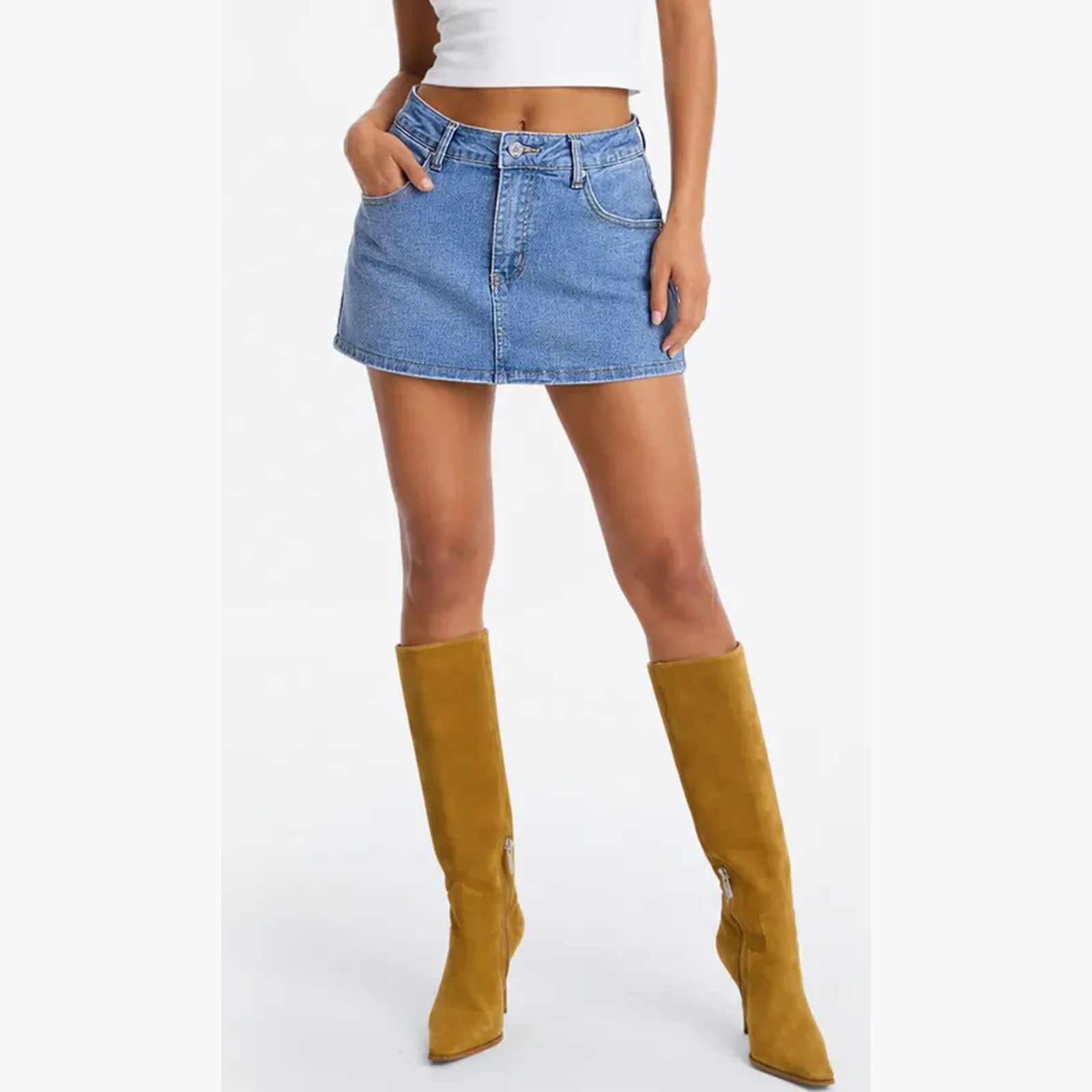 Vintage Blue mid-waist stretch denim skort front view