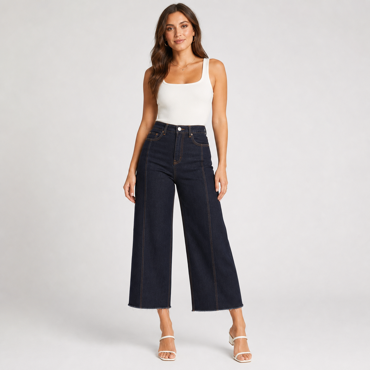 Dark Indigo Denim high rise wide leg cropped jeans front view