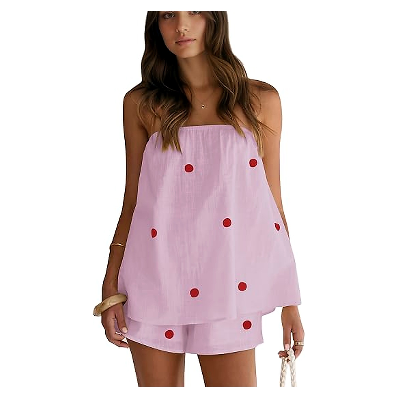 Women's Strapless Polka Dot Two-Piece Shorts Set - Pink Red Dot