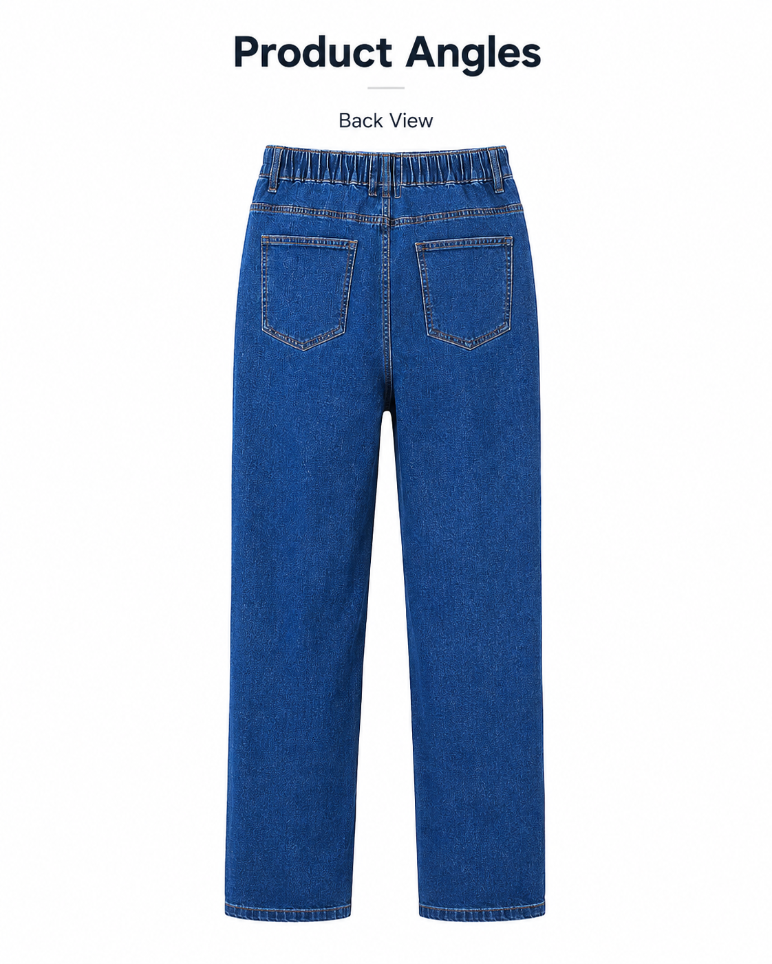 Back product angle of men's elastic waist jeans.