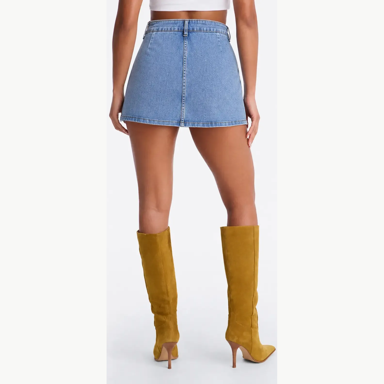 Vintage Blue mid-waist stretch denim skort back view