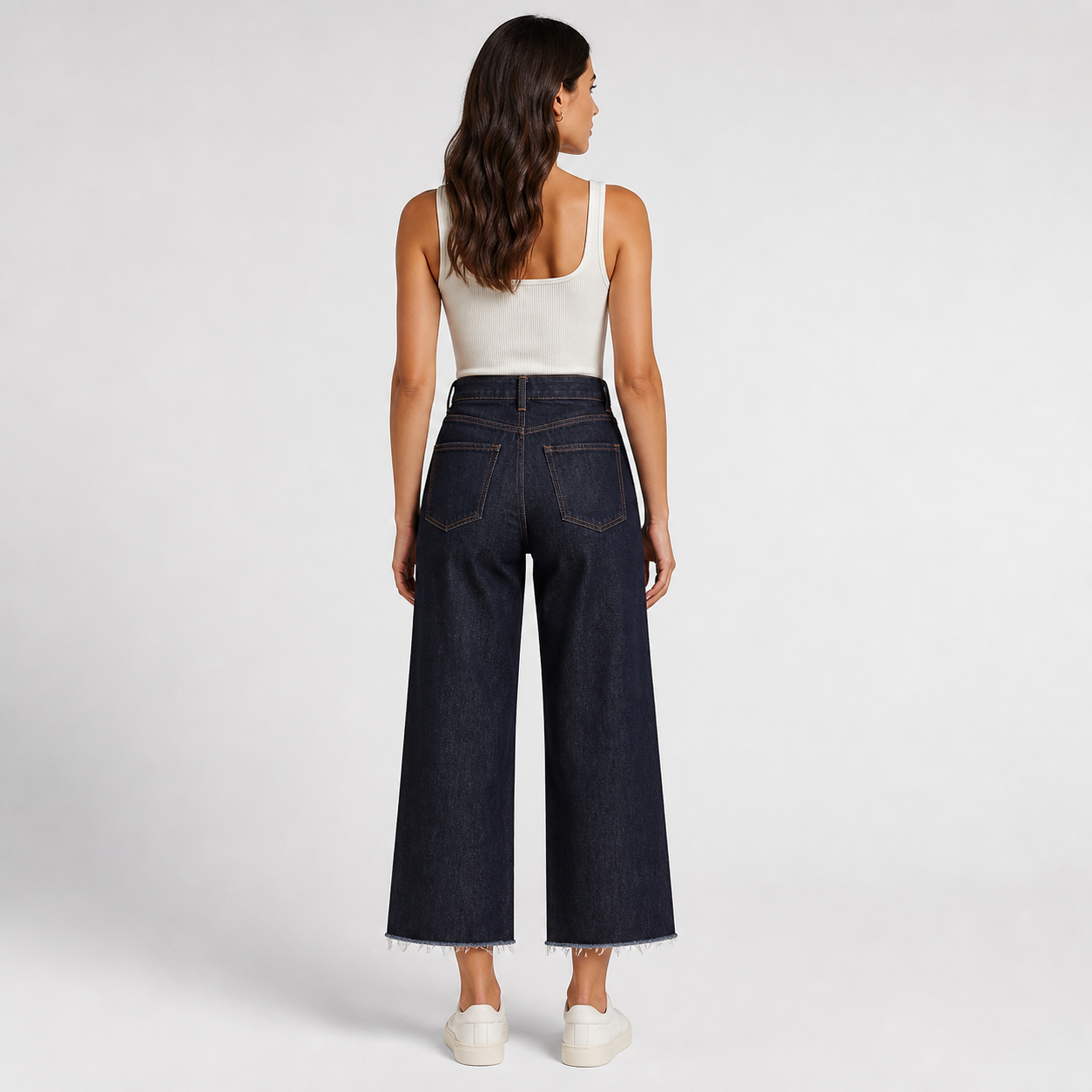Dark Indigo Denim high rise wide leg cropped jeans back view