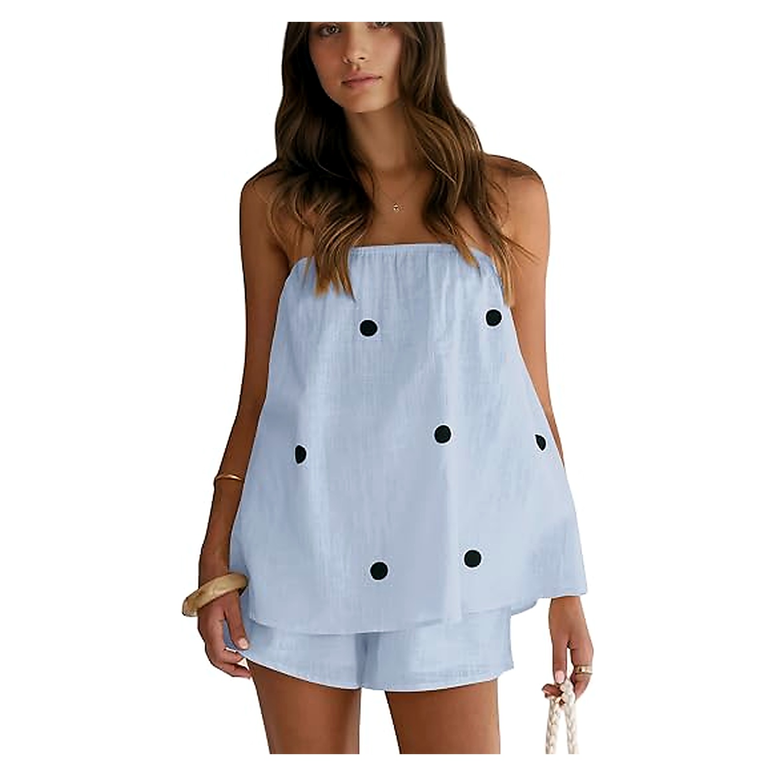 Women's Strapless Polka Dot Two-Piece Shorts Set - Sky Blue Black Dot